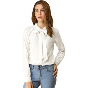 imageAllegra K Womens Work Office Tops Bow Tie Neck Button Decor Casual 2024 Spring Long Sleeve Shirt BlousesWhite