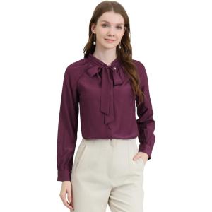 imageAllegra K Womens Work Office Tops Bow Tie Neck Button Decor Casual 2024 Spring Long Sleeve Shirt BlousesWine