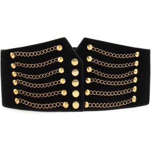 imageuxcell Women Ultra Super Wide Elastic PU High Waist Belt Rivet Chains Cinch Waistband for DressesBlack