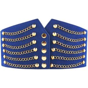 imageuxcell Women Ultra Super Wide Elastic PU High Waist Belt Rivet Chains Cinch Waistband for DressesBlue