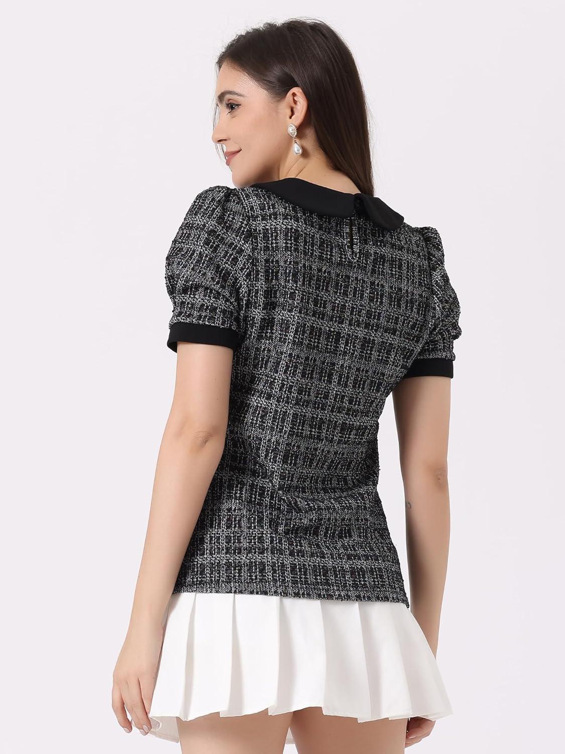 imageAllegra K Halloween Peter Pan Collar Blouse for Womens Button Decor Vintage Tweed Top ShirtBlack