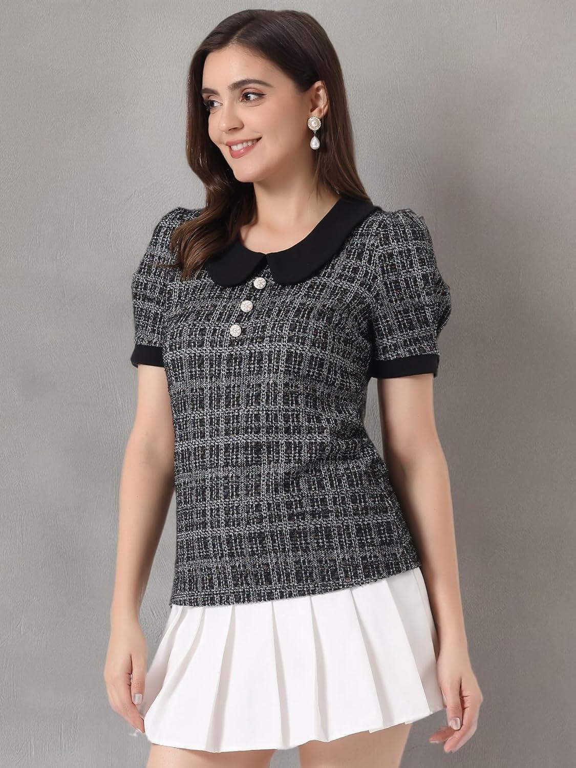 imageAllegra K Halloween Peter Pan Collar Blouse for Womens Button Decor Vintage Tweed Top ShirtBlack