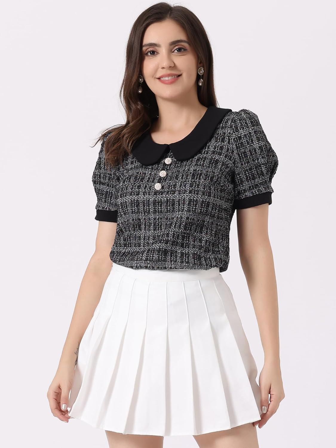 imageAllegra K Halloween Peter Pan Collar Blouse for Womens Button Decor Vintage Tweed Top ShirtBlack