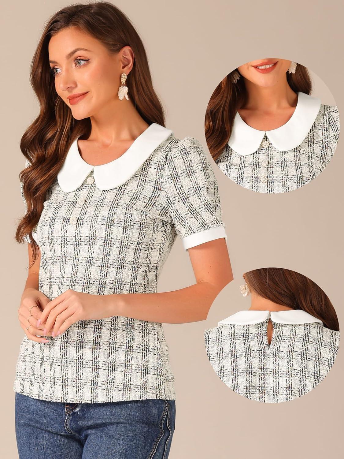 imageAllegra K Halloween Peter Pan Collar Blouse for Womens Button Decor Vintage Tweed Top ShirtBlack White