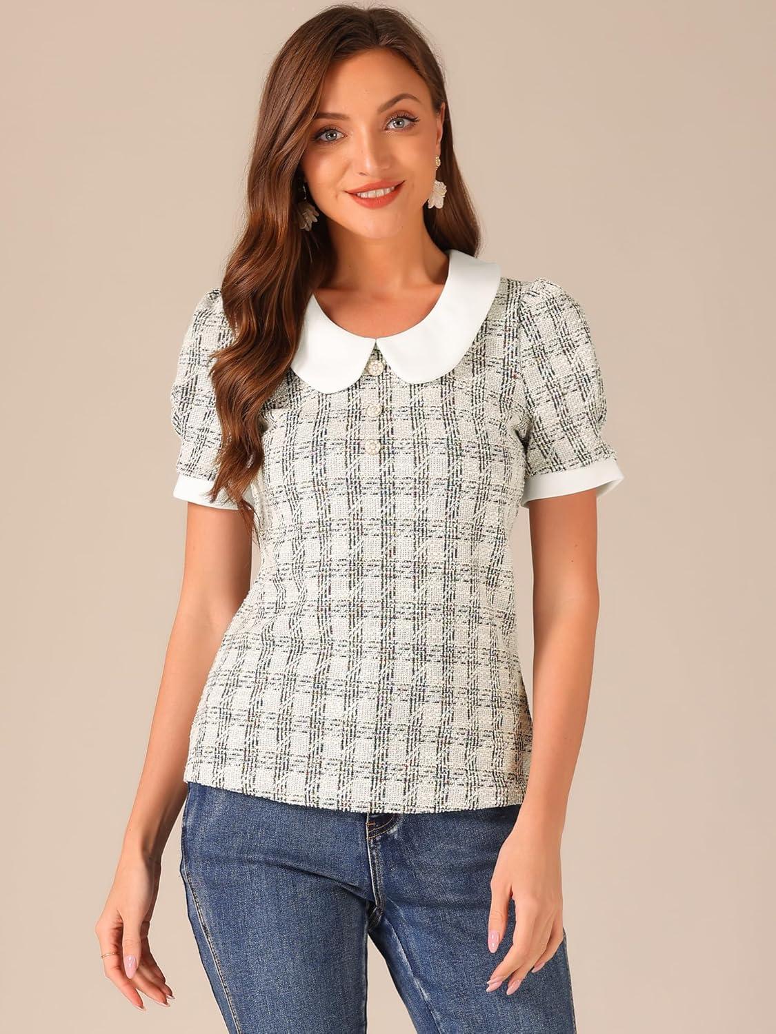 imageAllegra K Halloween Peter Pan Collar Blouse for Womens Button Decor Vintage Tweed Top ShirtBlack White