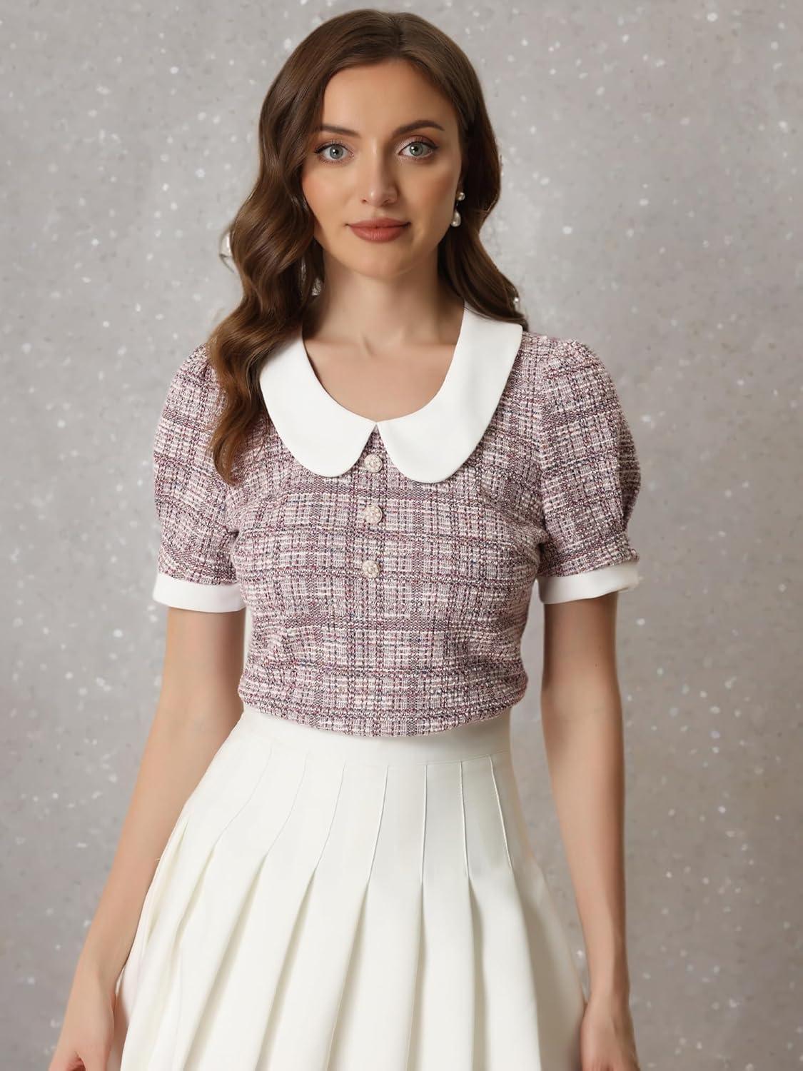 imageAllegra K Halloween Peter Pan Collar Blouse for Womens Button Decor Vintage Tweed Top ShirtPink Grey