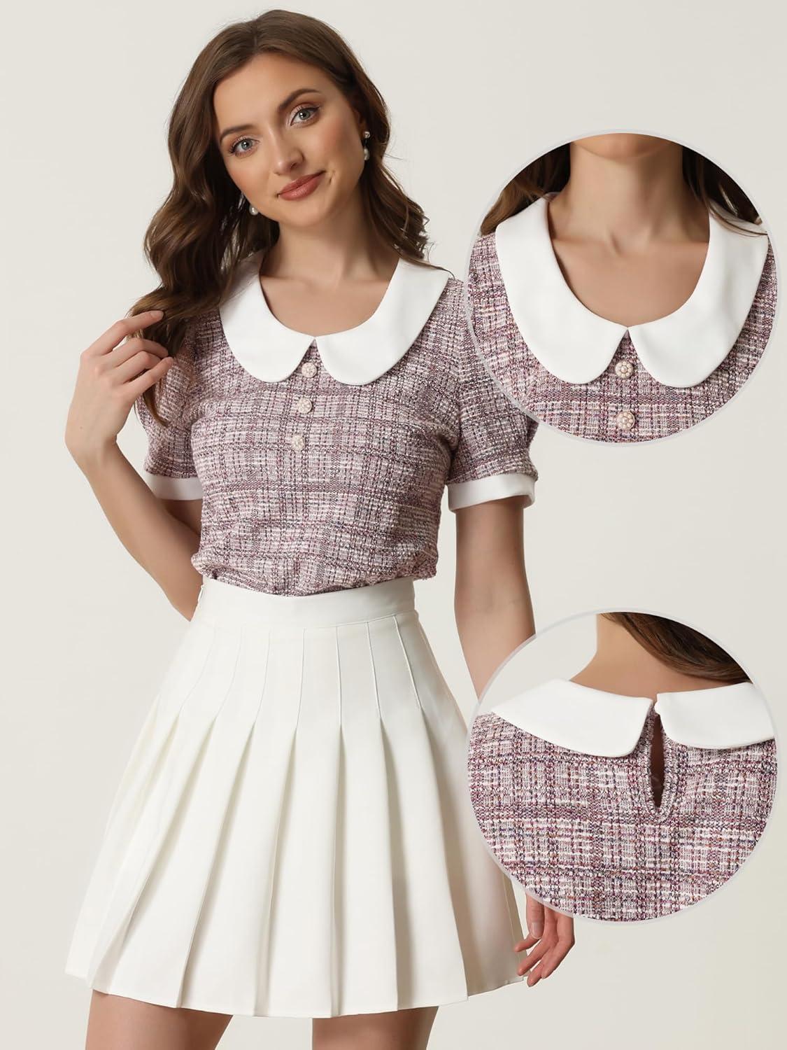 imageAllegra K Halloween Peter Pan Collar Blouse for Womens Button Decor Vintage Tweed Top ShirtPink Grey