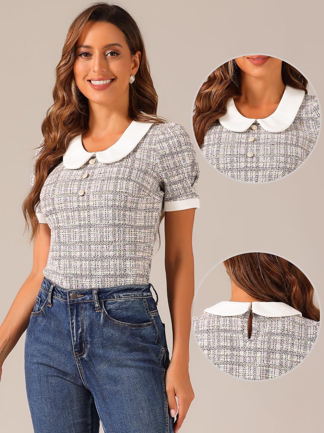 imageAllegra K Halloween Peter Pan Collar Blouse for Womens Button Decor Vintage Tweed Top ShirtPurple