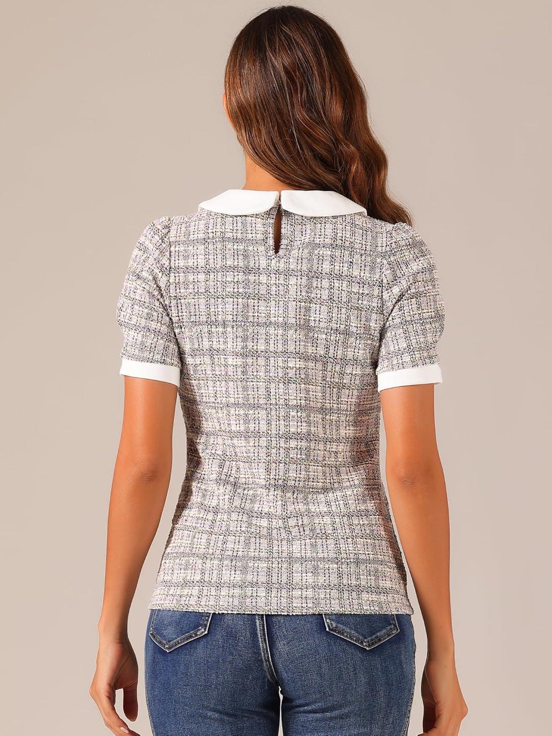 imageAllegra K Halloween Peter Pan Collar Blouse for Womens Button Decor Vintage Tweed Top ShirtPurple