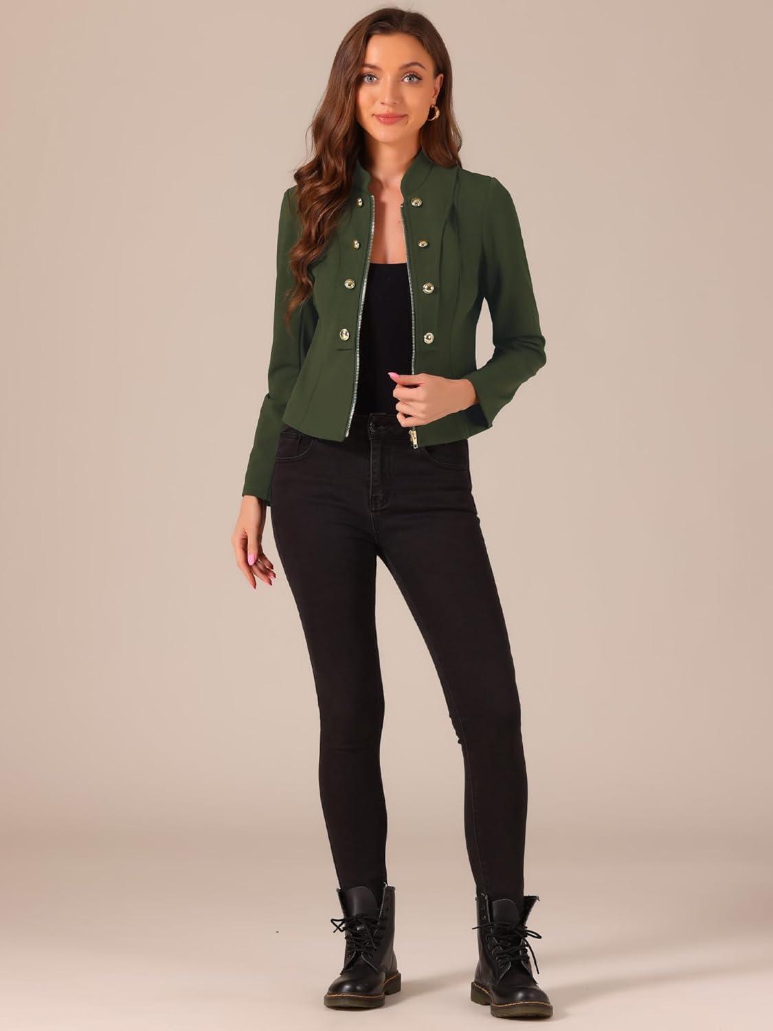 imageAllegra K Vintage Jacket for Womens Steampunk Button Decor Casual Zip Up Crop JacketArmy Green