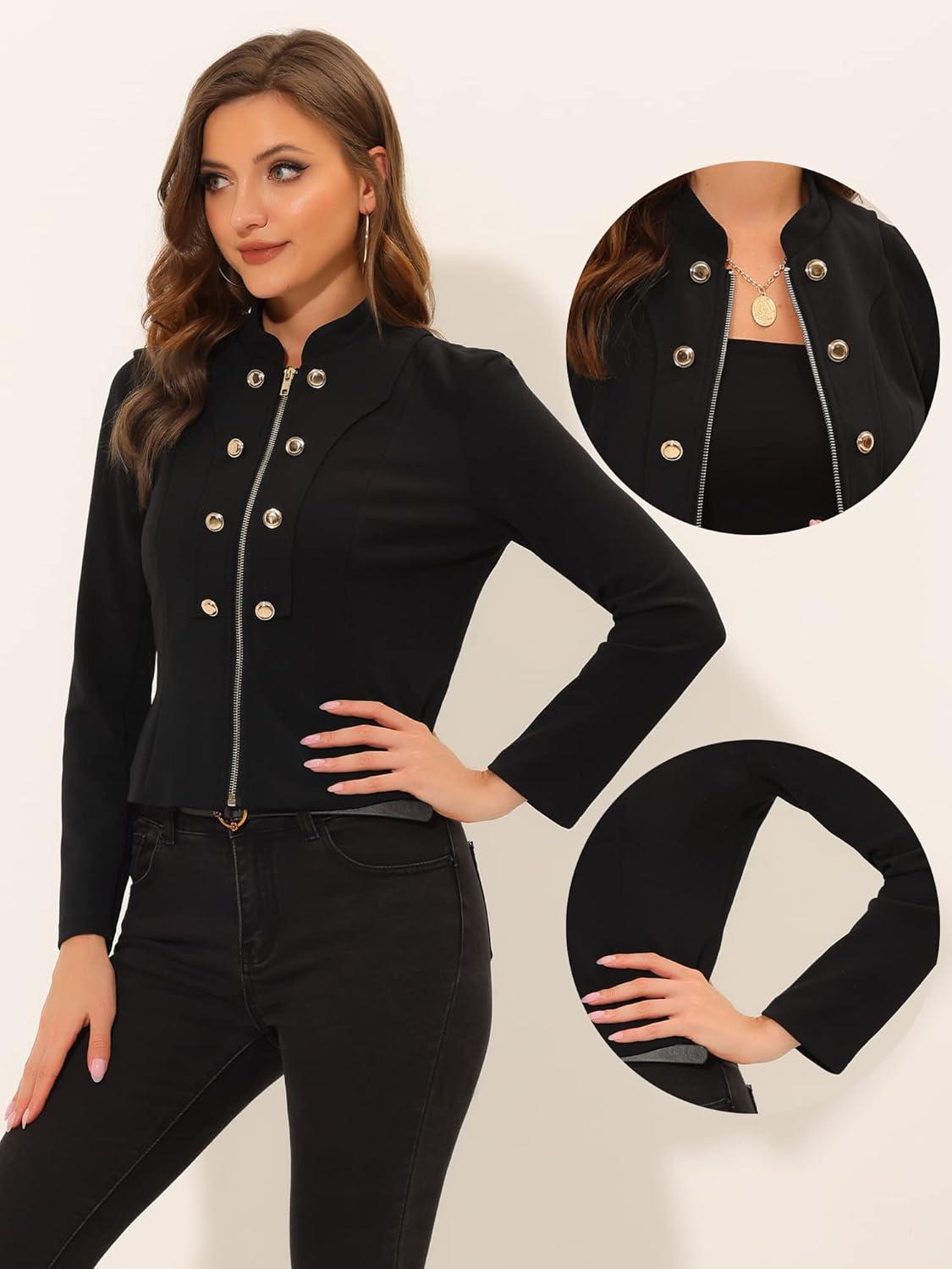 imageAllegra K Vintage Jacket for Womens Steampunk Button Decor Casual Zip Up Crop JacketBlack