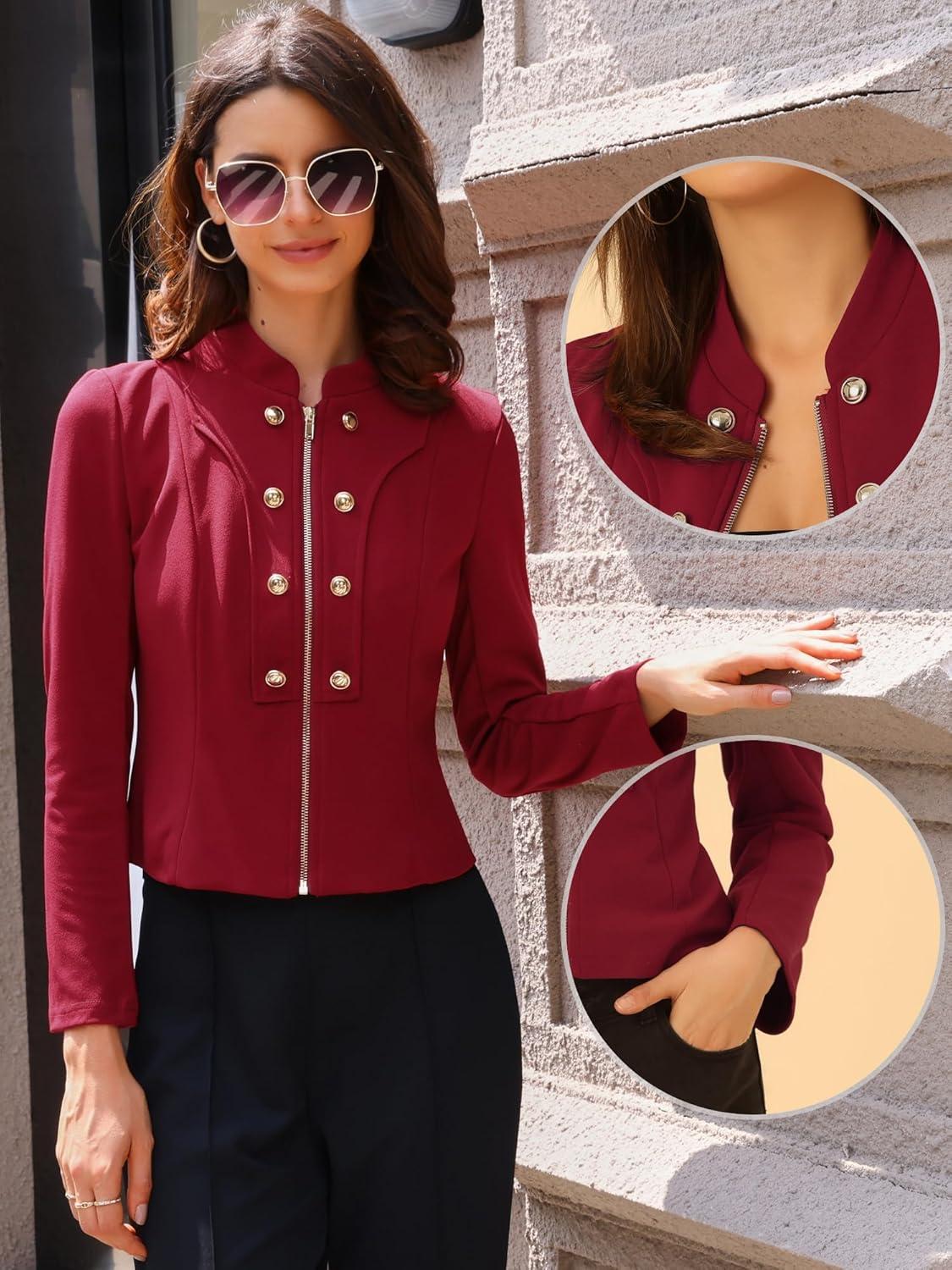 imageAllegra K Vintage Jacket for Womens Steampunk Button Decor Casual Zip Up Crop JacketWine Red