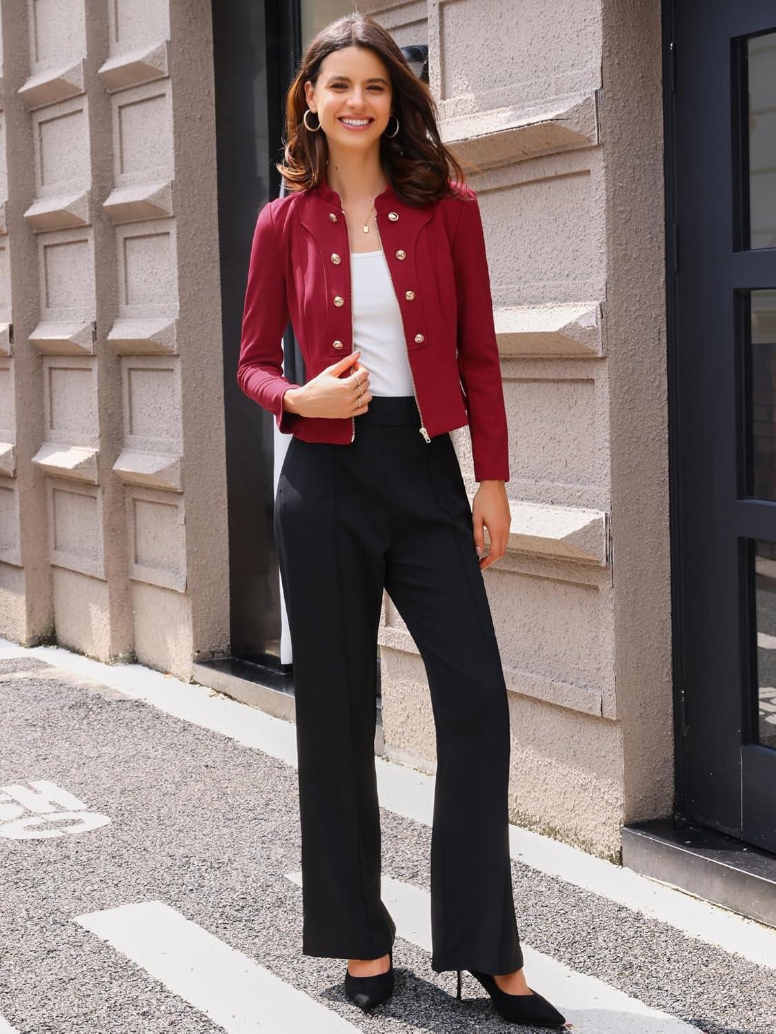 imageAllegra K Vintage Jacket for Womens Steampunk Button Decor Casual Zip Up Crop JacketWine Red