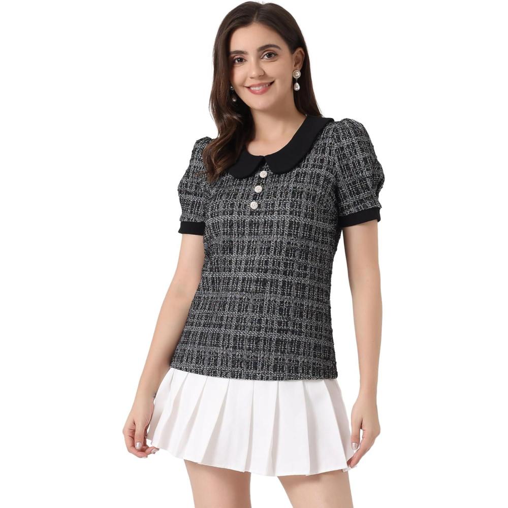 imageAllegra K Halloween Peter Pan Collar Blouse for Womens Button Decor Vintage Tweed Top ShirtBlack