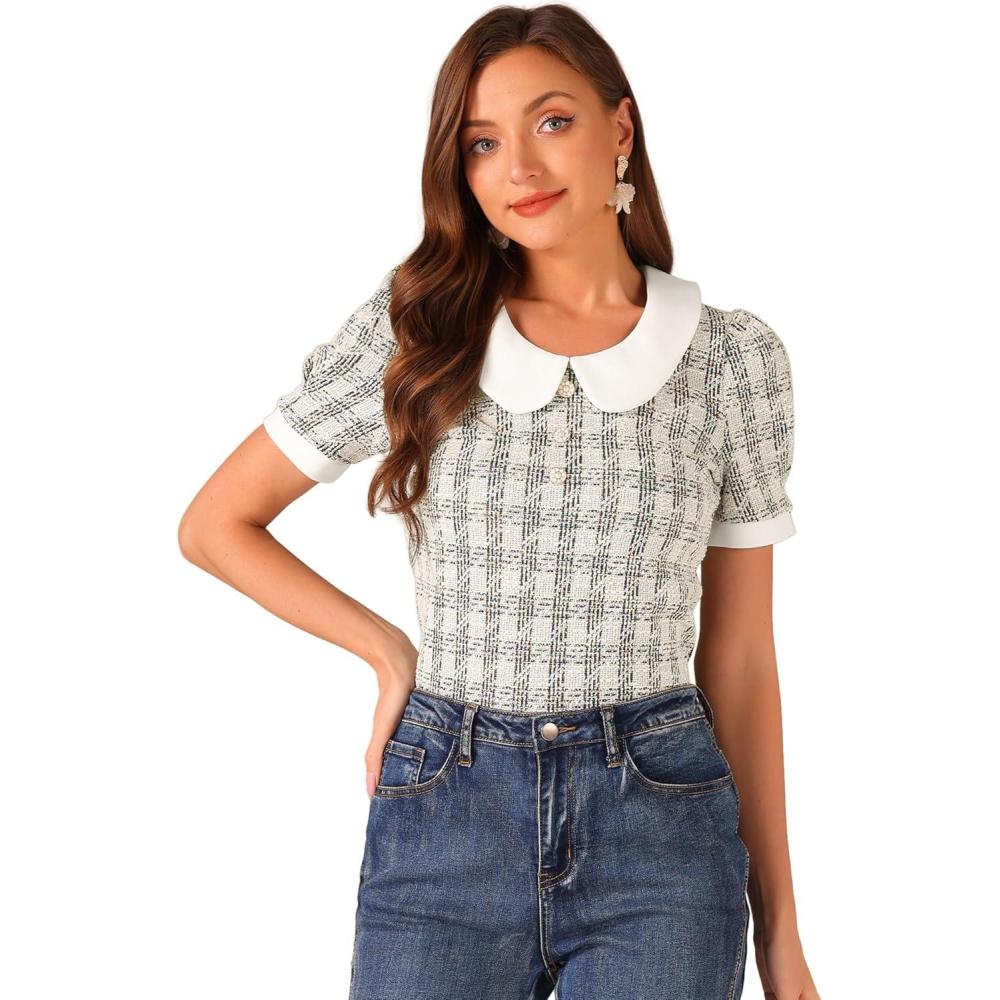 imageAllegra K Halloween Peter Pan Collar Blouse for Womens Button Decor Vintage Tweed Top ShirtBlack White