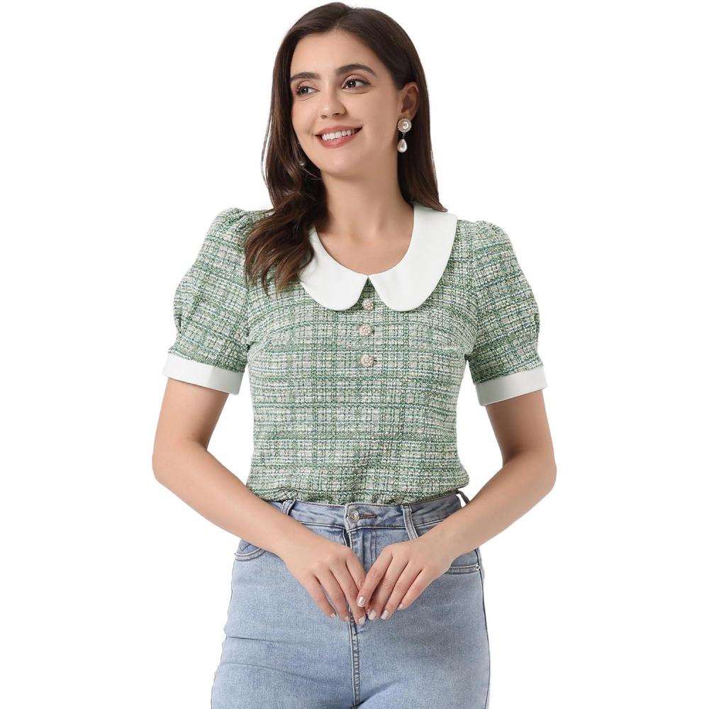imageAllegra K Halloween Peter Pan Collar Blouse for Womens Button Decor Vintage Tweed Top ShirtGreen