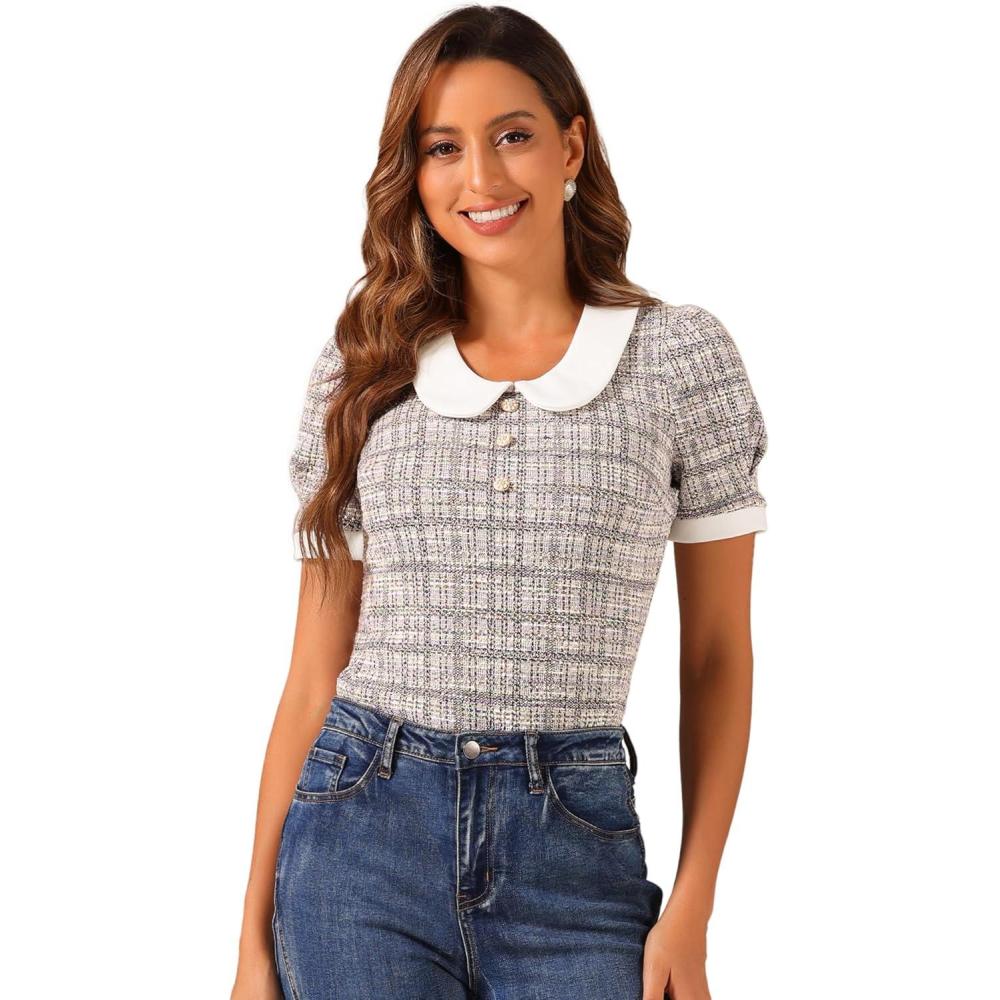 imageAllegra K Halloween Peter Pan Collar Blouse for Womens Button Decor Vintage Tweed Top ShirtPurple