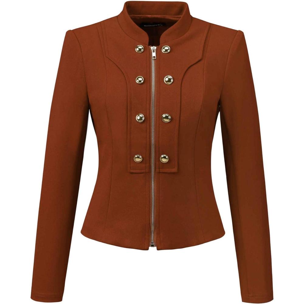 imageAllegra K Vintage Jacket for Womens Steampunk Button Decor Casual Zip Up Crop JacketBrown