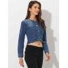 imageAllegra K Denim Jacket for Womens Collarless Button Down Crop Jean JacketsBlue