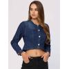 imageAllegra K Denim Jacket for Womens Collarless Button Down Crop Jean JacketsDark Blue