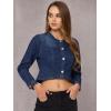 imageAllegra K Denim Jacket for Womens Collarless Button Down Crop Jean JacketsDark Blue