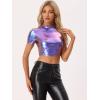 imageAllegra K Sparkle Tops for Womens Halloween Short Sleeve Mock Neck Party Metallic Crop TopBlue
