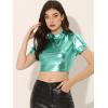 imageAllegra K Sparkle Tops for Womens Halloween Short Sleeve Mock Neck Party Metallic Crop TopMint Green
