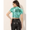 imageAllegra K Sparkle Tops for Womens Halloween Short Sleeve Mock Neck Party Metallic Crop TopMint Green