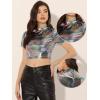 imageAllegra K Sparkle Tops for Womens Halloween Short Sleeve Mock Neck Party Metallic Crop TopMulticolor Black