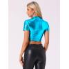 imageAllegra K Sparkle Tops for Womens Halloween Short Sleeve Mock Neck Party Metallic Crop TopPeacock Blue