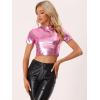imageAllegra K Sparkle Tops for Womens Halloween Short Sleeve Mock Neck Party Metallic Crop TopPink