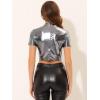 imageAllegra K Sparkle Tops for Womens Halloween Short Sleeve Mock Neck Party Metallic Crop TopSilver Grey