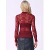 imageAllegra K Womens Lace Top Long Sleeve Smocked Mock Neck See Through Sheer Top BlouseCrimson