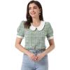 imageAllegra K Halloween Peter Pan Collar Blouse for Womens Button Decor Vintage Tweed Top ShirtGreen