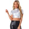 imageAllegra K Sparkle Tops for Womens Halloween Short Sleeve Mock Neck Party Metallic Crop TopBright Silver