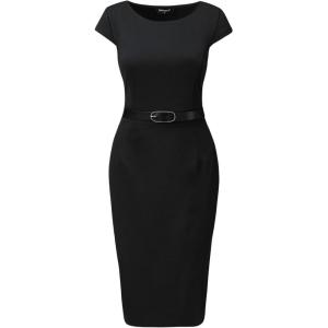 imageAllegra K Business Casual Dress for Womens Cap Sleeve Boat Neck Belted Pencil DressBlack