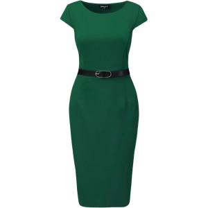 imageAllegra K Business Casual Dress for Womens Cap Sleeve Boat Neck Belted Pencil DressDark Green