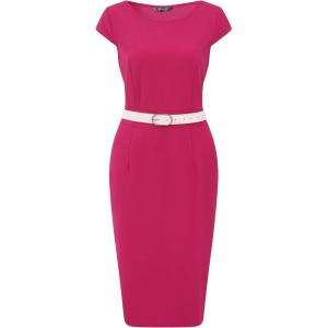 imageAllegra K Business Casual Dress for Womens Cap Sleeve Boat Neck Belted Pencil DressHot Pink