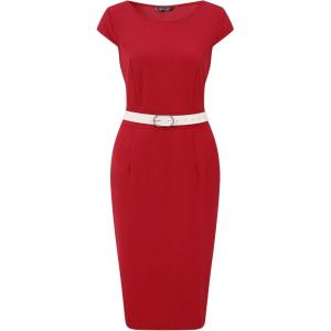 imageAllegra K Business Casual Dress for Womens Cap Sleeve Boat Neck Belted Pencil DressRed
