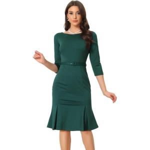 imageAllegra K Business Elegant Funeral Dresses for Womens Boat Neck 34 Sleeve Pleated Modest Midi DressDark Green