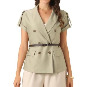 imageAllegra K Casual Work Blazer for Womens Summer Short Sleeve Double Breasted Blazer Jacket with BeltLight Brown