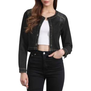 imageAllegra K Denim Jacket for Womens Collarless Button Down Crop Jean JacketsBlack