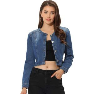 imageAllegra K Denim Jacket for Womens Collarless Button Down Crop Jean JacketsBlue