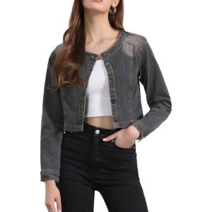 imageAllegra K Denim Jacket for Womens Collarless Button Down Crop Jean JacketsGrey