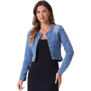 imageAllegra K Denim Jacket for Womens Collarless Button Down Crop Jean JacketsLight Blue