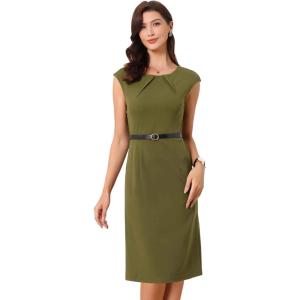 imageAllegra K Elegant Business Dress for Womens 2025 Cap Sleeve Belted Wear to Work Sheath DressesArmy Green