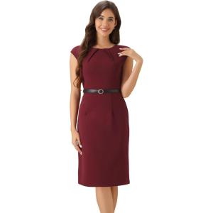 imageAllegra K Elegant Business Dress for Womens 2025 Cap Sleeve Belted Wear to Work Sheath DressesBurgundy