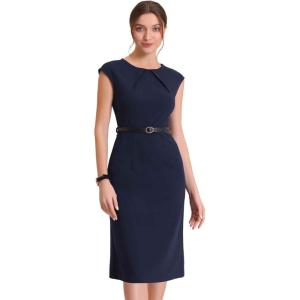 imageAllegra K Elegant Business Dress for Womens 2025 Cap Sleeve Belted Wear to Work Sheath DressesDark Blue