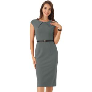 imageAllegra K Elegant Business Dress for Womens 2025 Cap Sleeve Belted Wear to Work Sheath DressesDark Grey