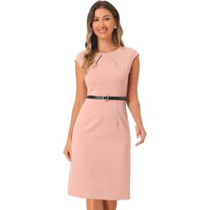 imageAllegra K Elegant Business Dress for Womens 2025 Cap Sleeve Belted Wear to Work Sheath DressesPink